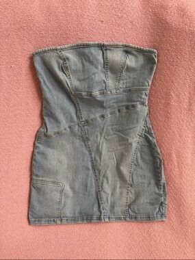 Zara Strapless Denim Mini Dress in Light Blue